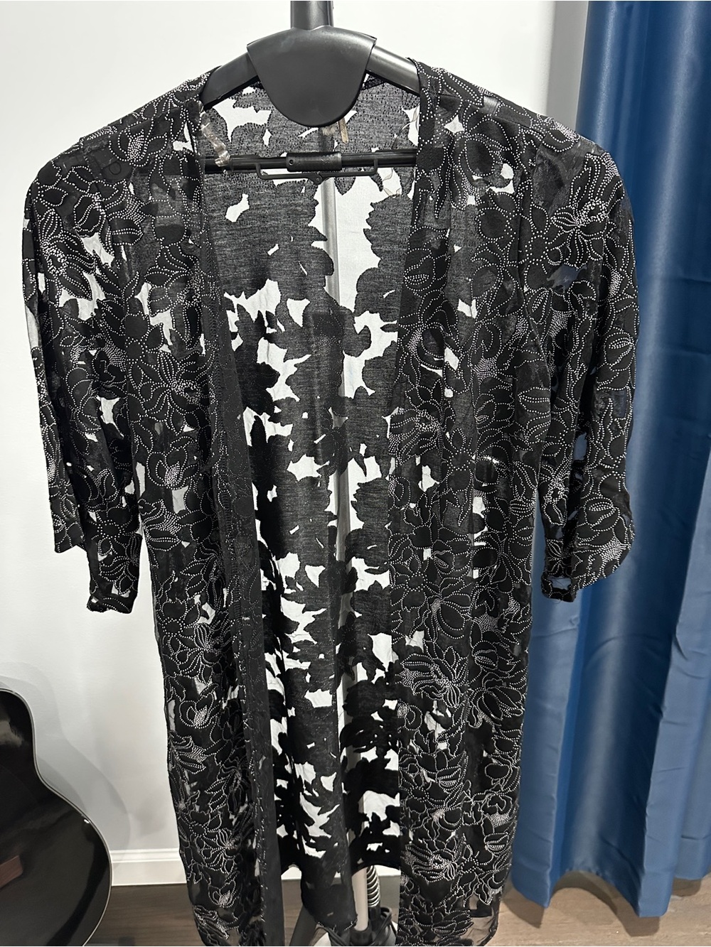 Black Floral Lace Long-Sleeve Open-Front Dress Cover-Up